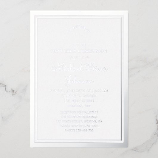 Elegant Script Boy Eerste Communie Zilver Folie Uitnodiging (Voorkant)