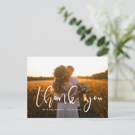 Elegant script bruiloft bedankt briefkaart (Staand voorkant)