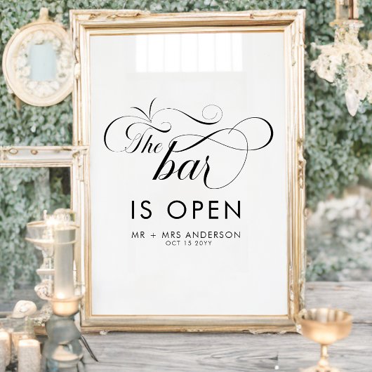 Elegant Script Bruiloft De Bar is Open Dranken Poster