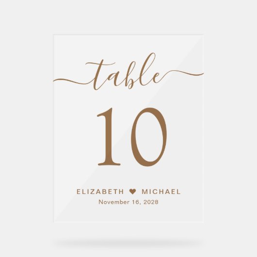 Elegant Script Bruiloft Gouden Tafelnummer Frosted Acryl Bord (Voorkant)