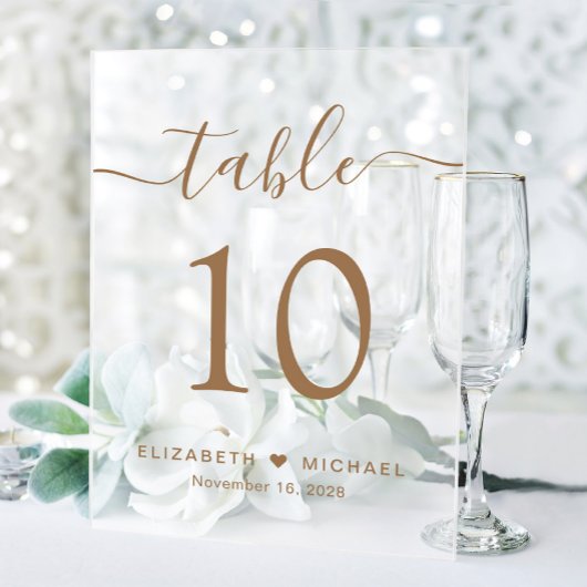 Elegant Script Bruiloft Gouden Tafelnummer Frosted Acryl Bord