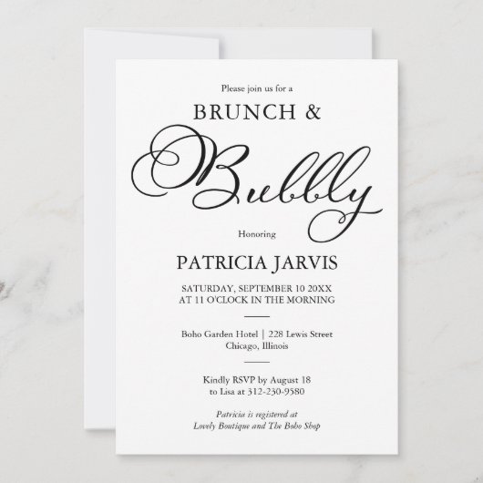 Elegant script brunch en bubble Vrijgezellenfeest Kaart (Voorkant)