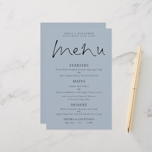 Élégant Script Budget Dusty Blue Mariage Menu (Devant/Arrière en situation)