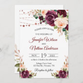 Elegant Script Burgundy Floral Wedding Kaart (Voorkant / Achterkant)