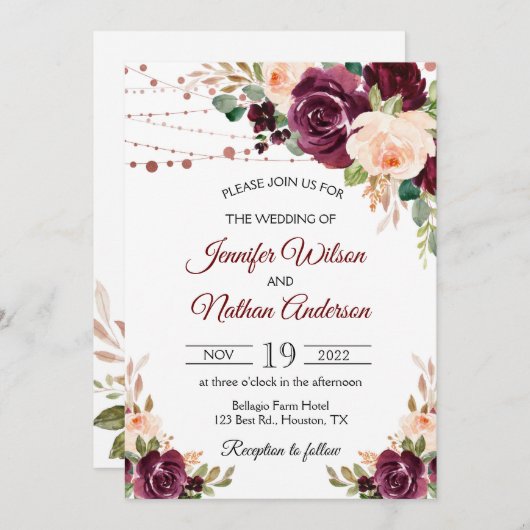 Elegant Script Burgundy Floral Wedding Kaart (Voorkant / Achterkant)