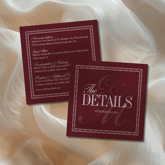 Elegant Script Burgundy Red Formal Wedding Details Informatiekaartje