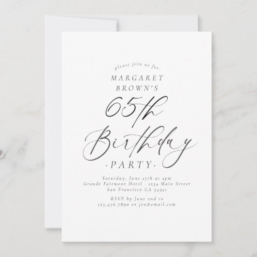 Elegant Script Calligraphy 65th Birthday Party Kaart (Voorkant)