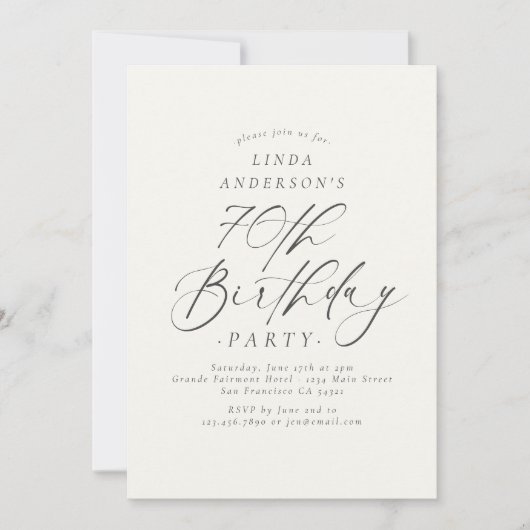 Elegant Script Calligraphy 70th Birthday Party Kaart (Voorkant)