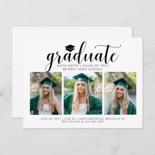 Elegant Script Calligraphy Afstuderen 3 Foto Uitnodiging Briefkaart (Voorkant / Achterkant)
