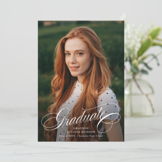 Elegant Script Calligraphy Photo Afstuderen Kaart (Staand voorkant)