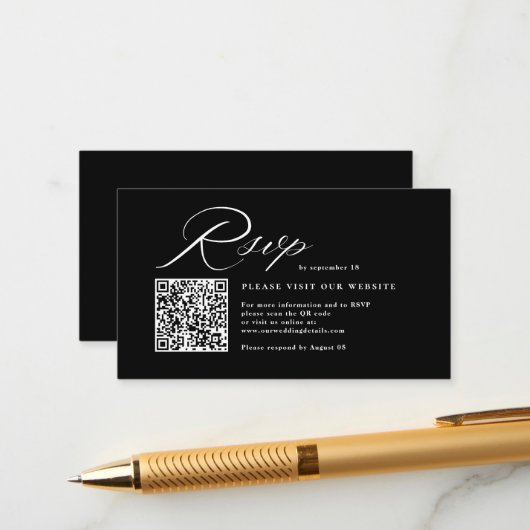 Elegant Script Calligraphy & QR Code Wedding RSVP  Informatiekaartje (Voorkant / Achterkant in situ)