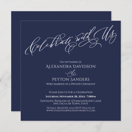 Elegant Script Celebrate with Us Navy Blue Kaart (Voorkant / Achterkant)