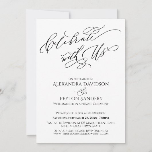 Elegant Script Celebrate with US Reception Kaart (Voorkant)