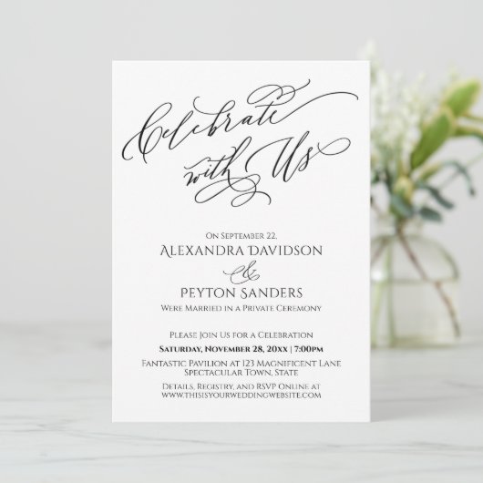 Elegant Script Celebrate with US Reception Kaart (Staand voorkant)