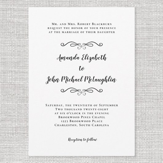 Elegant Script Classic Simple Formal Wedding Black Kaart