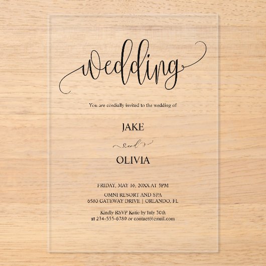 Elegant Script Clear Acrylic Wedding Invitation (Recto)