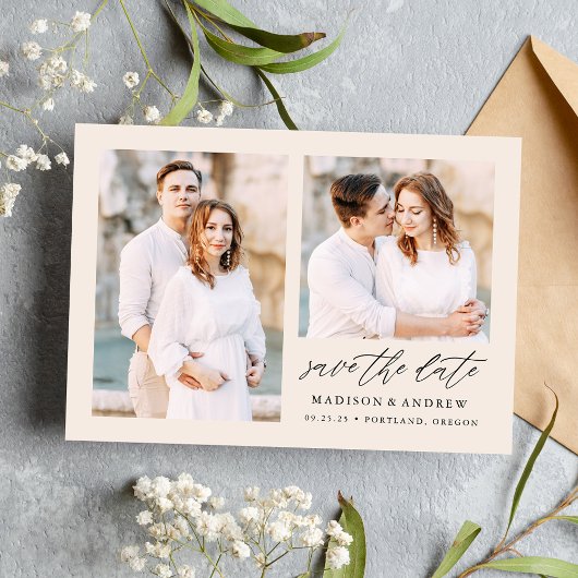 Elegant Script Cream 2 Foto Save The Date