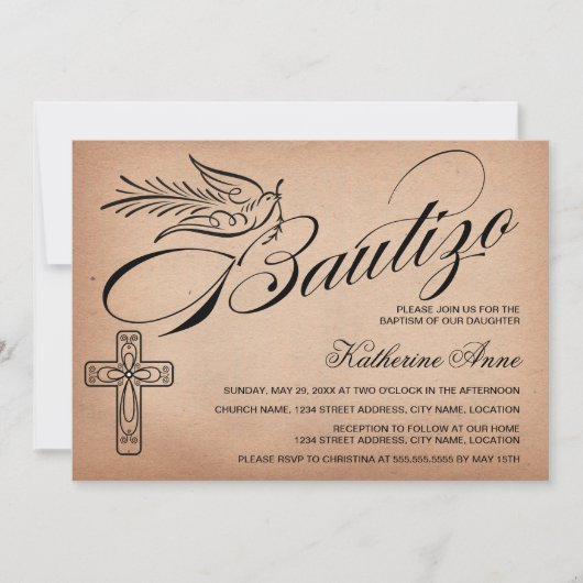 Elegant  Script Cross en Dove Bautizo Kaart (Voorkant)