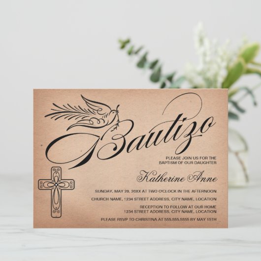 Elegant  Script Cross en Dove Bautizo Kaart (Staand voorkant)