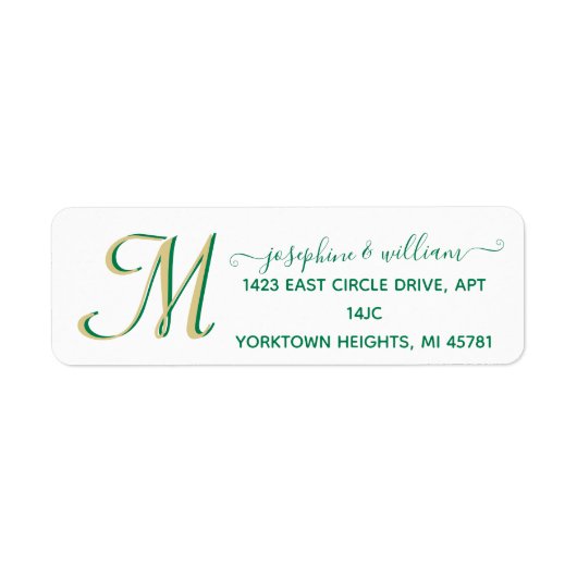Elegant Script Custom Gold Green Monogram Naam Etiket (Voorkant)