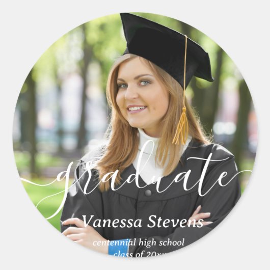 Elegant Script Custom Photo Afstuderen Ronde Sticker (Voorkant)