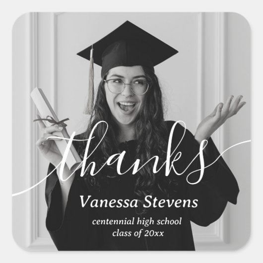 Elegant Script Custom Photo bedankt Afstuderen Vierkante Sticker (Voorkant)