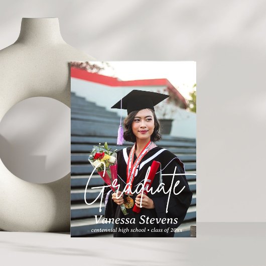 Elegant Script Custom Two Photo Afstuderen Aankondiging