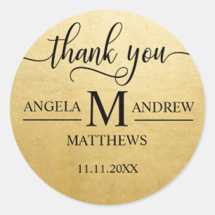 Elegant Script Dank u Goud Zwart Bruiloft Ronde Sticker