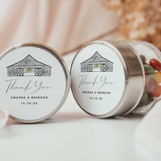 Elegant script dank u schuur bruiloft ronde sticker