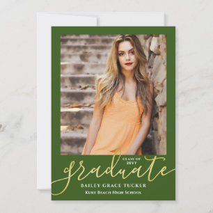 Elegant Script Dark Green Gold 2-Photo-Afstuderen Aankondiging