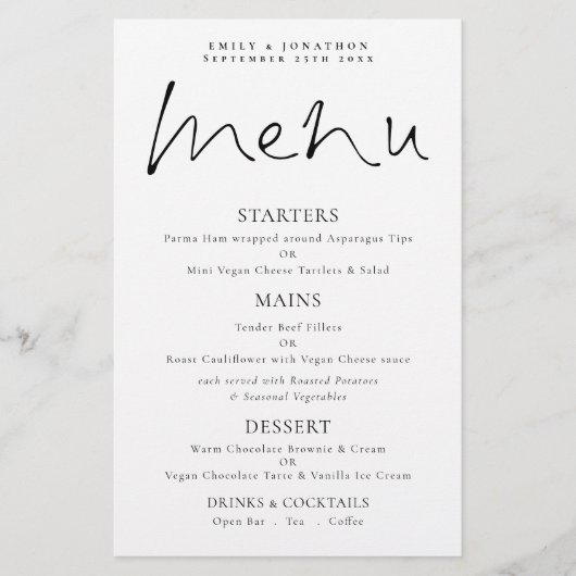 Élégant Script de budget Menu Mariage noir blanc (Devant)