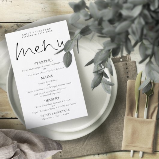Élégant Script de budget Menu Mariage noir blanc