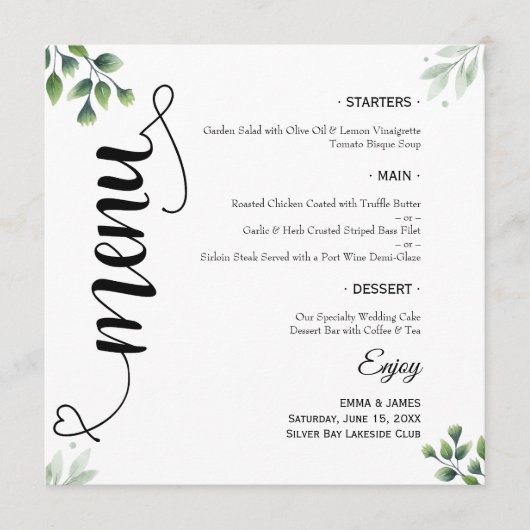 Élégant Script de verdure Menu Plat Mariage Rond (Devant)
