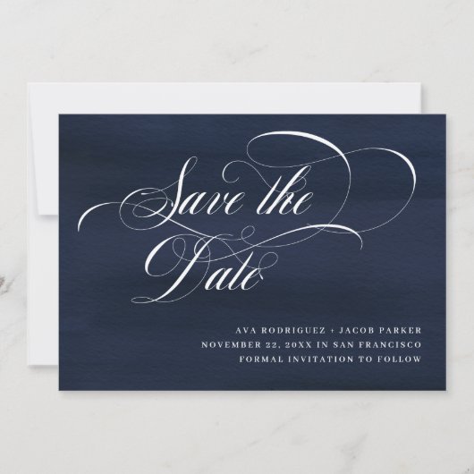 Elegant script | Donkerblauw Save The Date (Voorkant)