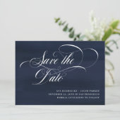 Elegant script | Donkerblauw Save The Date (Staand voorkant)
