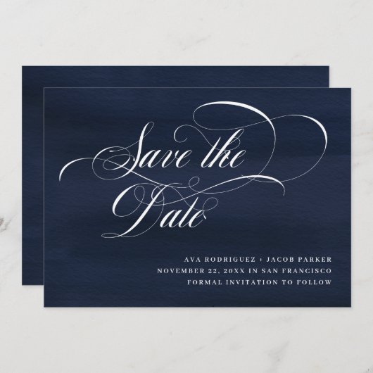 Elegant script | Donkerblauw Save The Date (Voorkant / Achterkant)