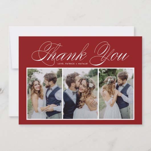 Elegant Script Drie Fotocollage Rood Bruiloft Bedankkaart (Voorkant)