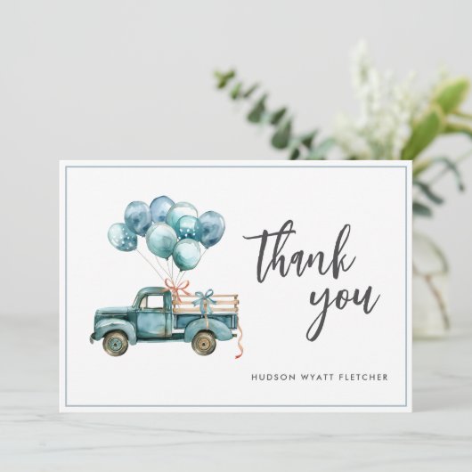 Elegant script Dusty Blue Baby Boy Bedankt Card (Staand voorkant)