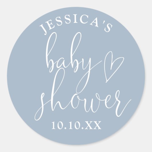 Elegant Script Dusty Blue Baby shower Favoriet Ronde Sticker (Voorkant)
