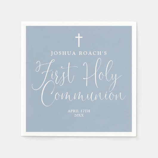 Elegant script Dusty Blue Eerste Heilige Communie Servet (Voorkant)