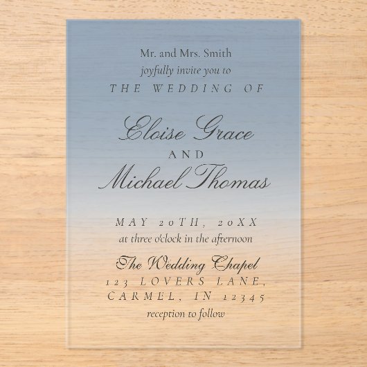 Elegant Script Dusty Blue Gradient Wedding Acryl Uitnodigingen (Voorkant)