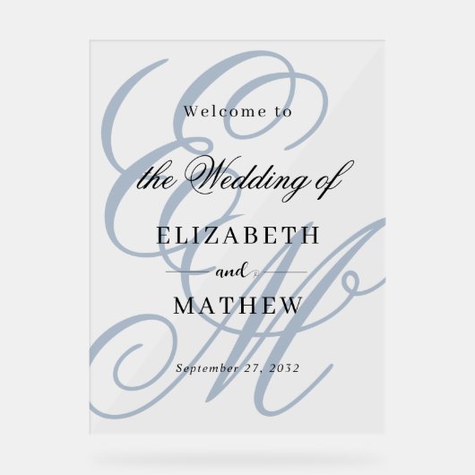Elegant Script Dusty Blue Monogram Huwelijk Welkom Acryl Bord (Voorkant)