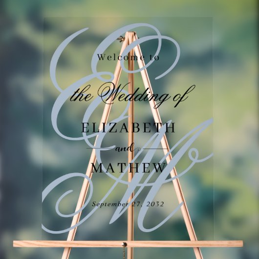 Elegant Script Dusty Blue Monogram Huwelijk Welkom Acryl Bord (Neutraal)