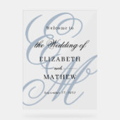 Élégant Script Dusty Blue Monogram Mariage Bienven (Recto)