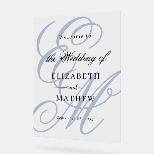 Élégant Script Dusty Blue Monogram Mariage Bienven (Angle)