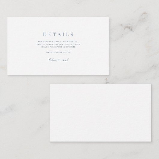 Elegant Script Dusty Blue & White Wedding Details Informatiekaartje (Voorkant / Achterkant)
