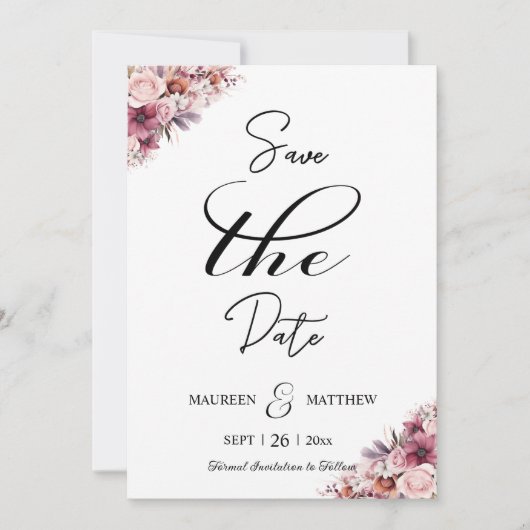 Elegant script Dusty Pink Floral Save the Date (Voorkant)