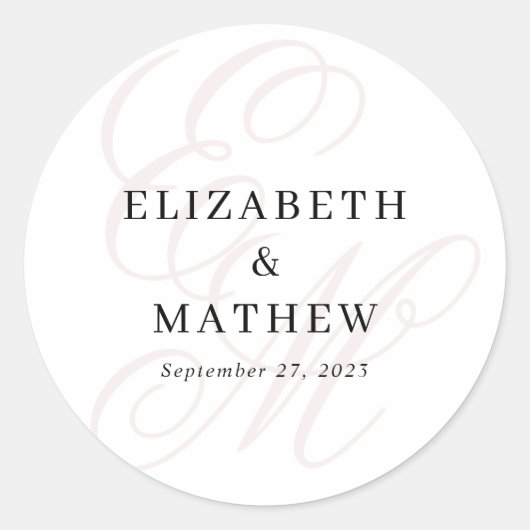 Elegant Script Dusty Roze Monogram Bruiloft Ronde Sticker (Voorkant)