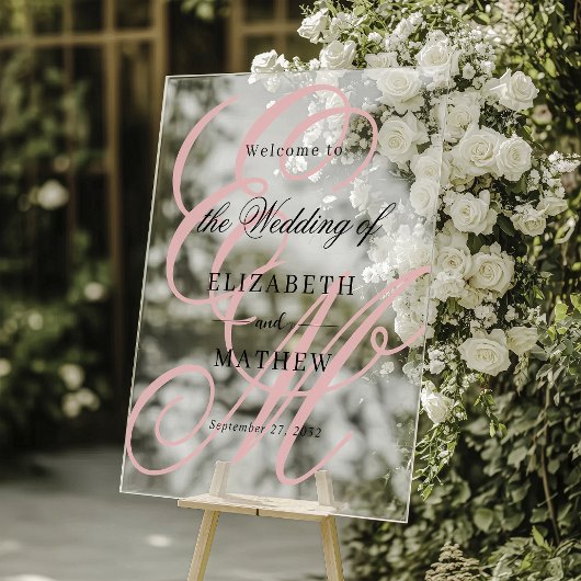 Elegant Script Dusty Roze Monogram Huwelijk Welkom Acryl Bord