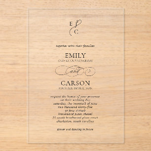 Elegant Script Eenvoudig Monogram Logo Modern Wedd Acryl Uitnodigingen